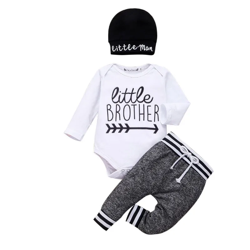 

CANIS Autumn Kid Baby Boy Clothes Long Sleeve Letter Print Romper Tops Long Striped Patchwork Pants Hat 3PCS Outfit