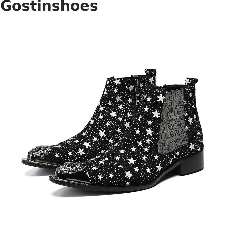 

Autumn And Winter Men Boots Genuine Leather Stars Printed Black Leather Men Short Boots Pointed Metal Cap Toe Slip-on Work Boots