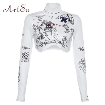 

ArtSu Harajuku Printed Tshirt Turtleneck Long Sleeve Crop Top White T shirt Funny Tee Shirt Femme Woman Shirts Casual ASTS21027