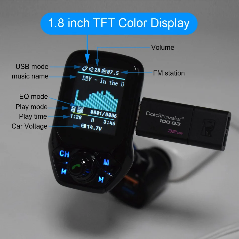 Комплект громкой связи AGETUNR для автомобиля 1 8 &quotTFT дисплей Bluetooth QC3.0 быстрая