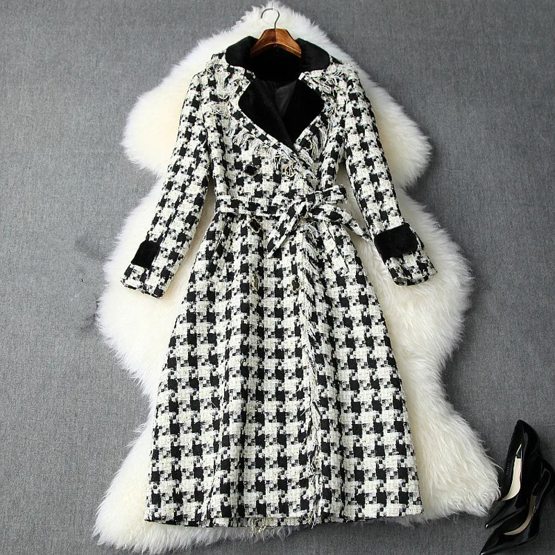 

[EWQ] 2020 Autumn Winter New Lapel Long Sleeve Houndstooth Patchwork Double Breasted Vintage Homespun Tweed Coat 19C-a81-01-XL