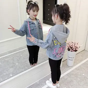 

Denim Jackets for Girls Spring Trench Children's Clothing 4 8 12Y Hooded Patchwork Outerwear Windbreaker Kids Teen Jeans Coats