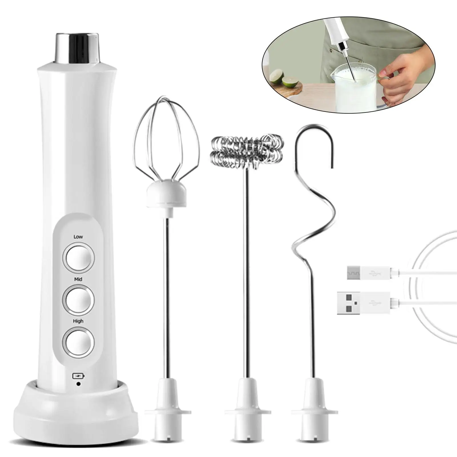 USB Rechargeable Electric Egg Milk Frother Handheld Double Whisk Foam Maker 