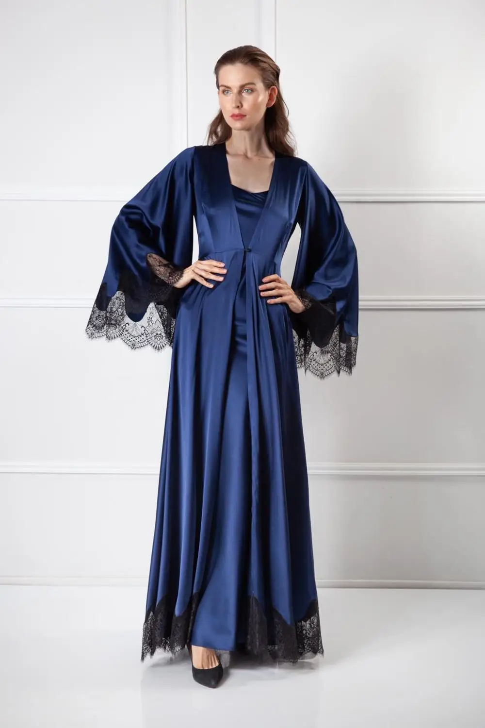 Сексуальный Темно-Синий халат для женщин, кружевное нижнее белье, ночная рубашка, пижама, одежда для сна с длинным рукавом, свадебные платья, ночная рубашка - Цвет: Синий