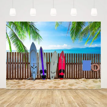 

Summer beach cocount tree sufboard holiday backdrop for photography newborn portrait photo shoot background studio Blue sky sea