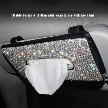 

Crystal Car Tissue Box Sun Visor Diamond Leather Auto Tissue Paper Holder Case Sunvisor Hanging Napkin Interior Accessories 713
