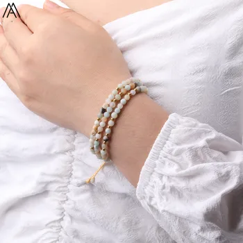 

4mm Natural Amazon Stone Round Beads Cord Knotted Adjustable Woven Bracelet Women Stone Beads Multilayer Handmade Bracelet