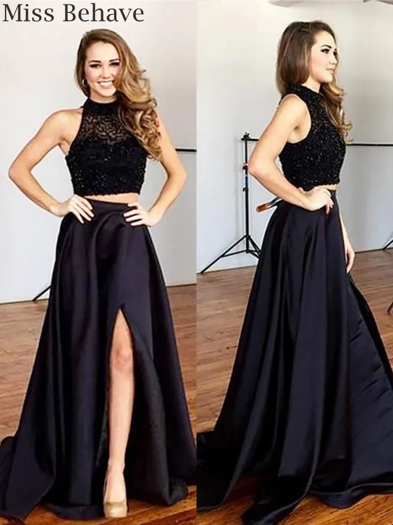 

DD JYOY Black Evening Dress for Women Two Pieces Beaded Evening Gowns for Women Halter Long Formal Dress Zipper Back