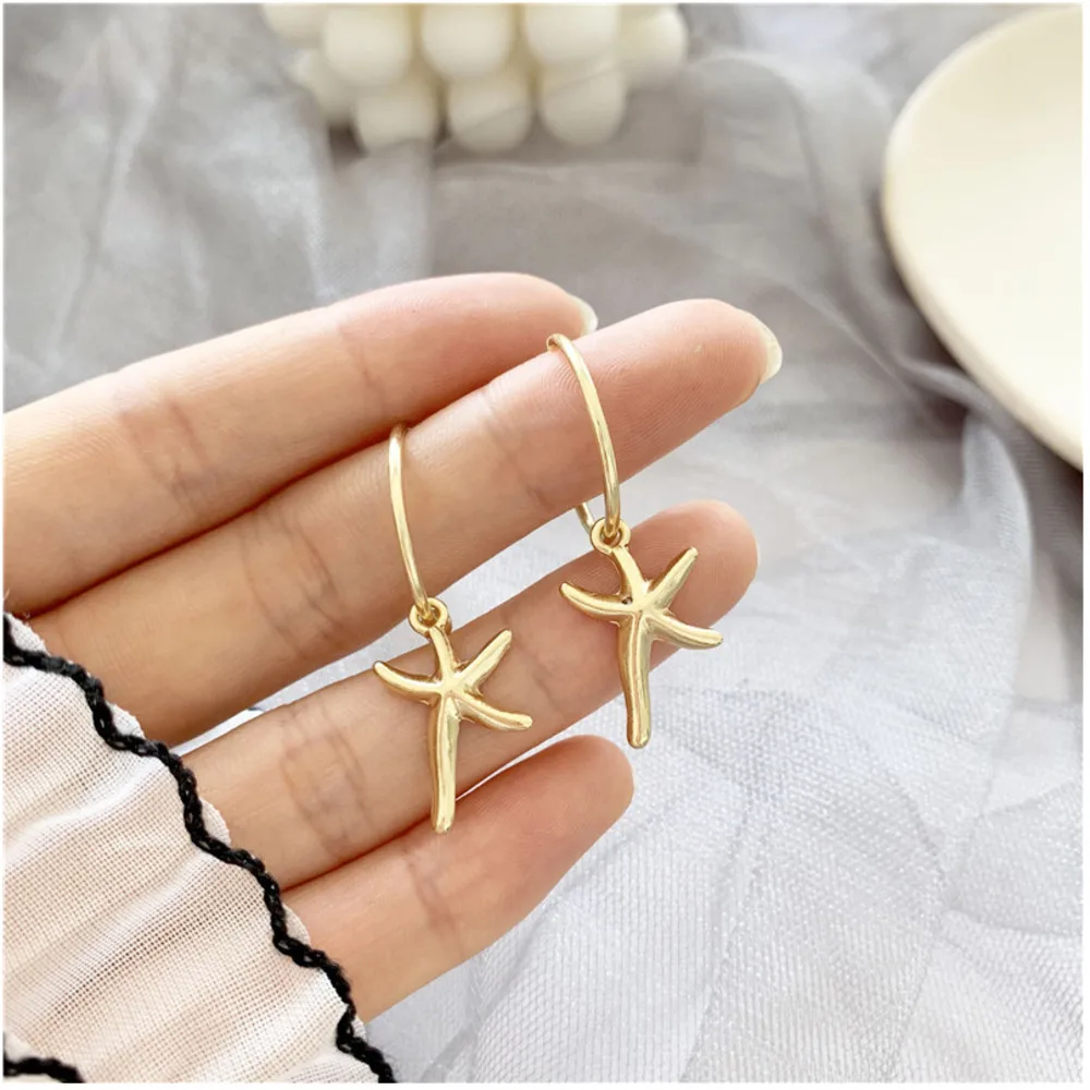 

Fashion Women Bohemian Style Gold Starfish Conch Cowary Shell Big Circle Ear Rings High Quality Shell 925sterling Silver Earring