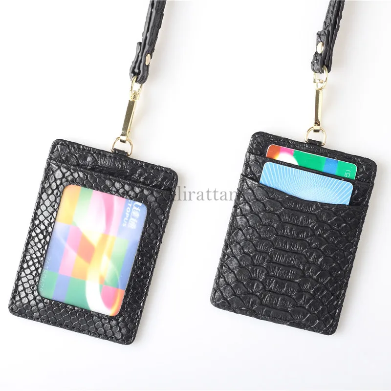 Alirattan Crocodile Leather Lanyard ID Card Holder High Quality Ostrich Snake Work Card Holder Printed Letters - Цвет: Snake Black