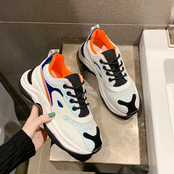 

Women Chunky Sneakers Designers Platform Leather Thick Soled Bling 6cm High Casual Shoes Tennis Female Trainers Woman Dad Shoes