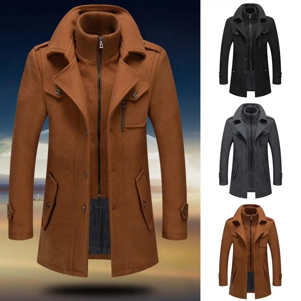 Men's Jacket Solid Color Fake Two Piece Zipper Buttons Coat Long Sleeves Leisure Casual Overcoat for Autumn Winter ropa hombre