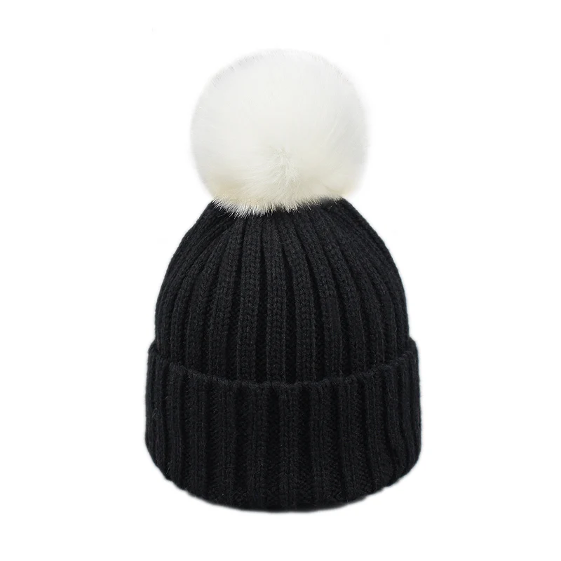Шапка из искусственного меха с помпоном Skullies, шапка для детей, зимняя теплая вязаная шапка для девочек и мальчиков, одноцветная эластичная вязаная шапка - Color: B