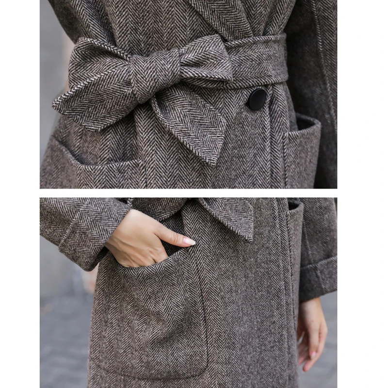 Осень Зима длинное шерстяное пальто женское платье с открытыми плечами большой размер элегантный тонкий елочка смесь зерна шерстяная куртка Женское пальто 3XL