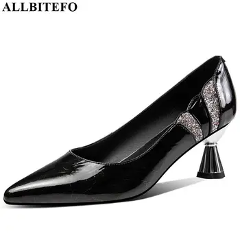 

ALLBITEFO real genuine leather high heel shoes spring autumn pointed toe women heels Heteromorphic heel office ladies shoes