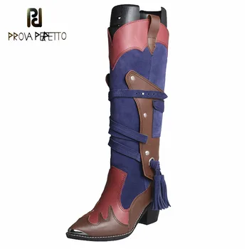 

Prova Perfetto Boots 2019 Autumn Winter Warm Women's Boots Knight Boots Motorcycle High Boots Single Patchwork Fashion Boots