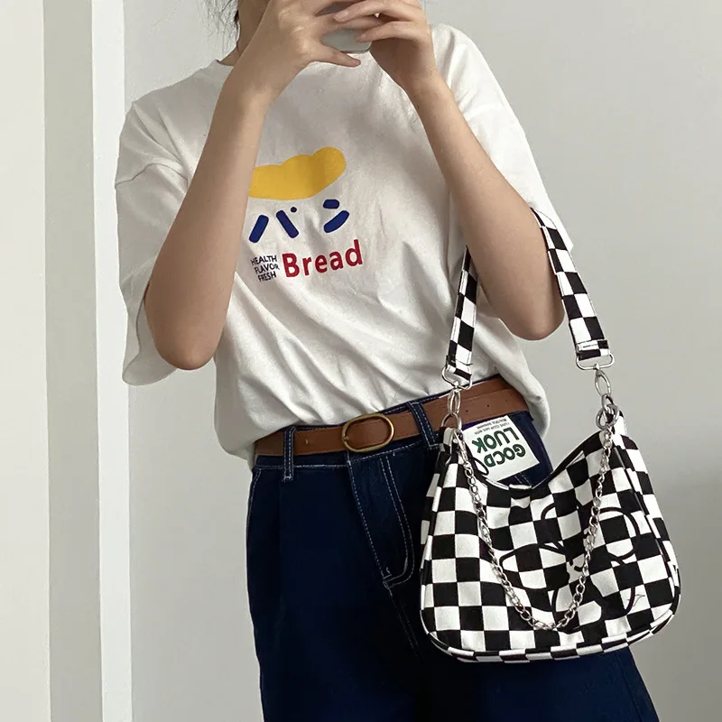 Сумки через плечо INS в черно-белую клетку повседневные холщовые клатчи модные