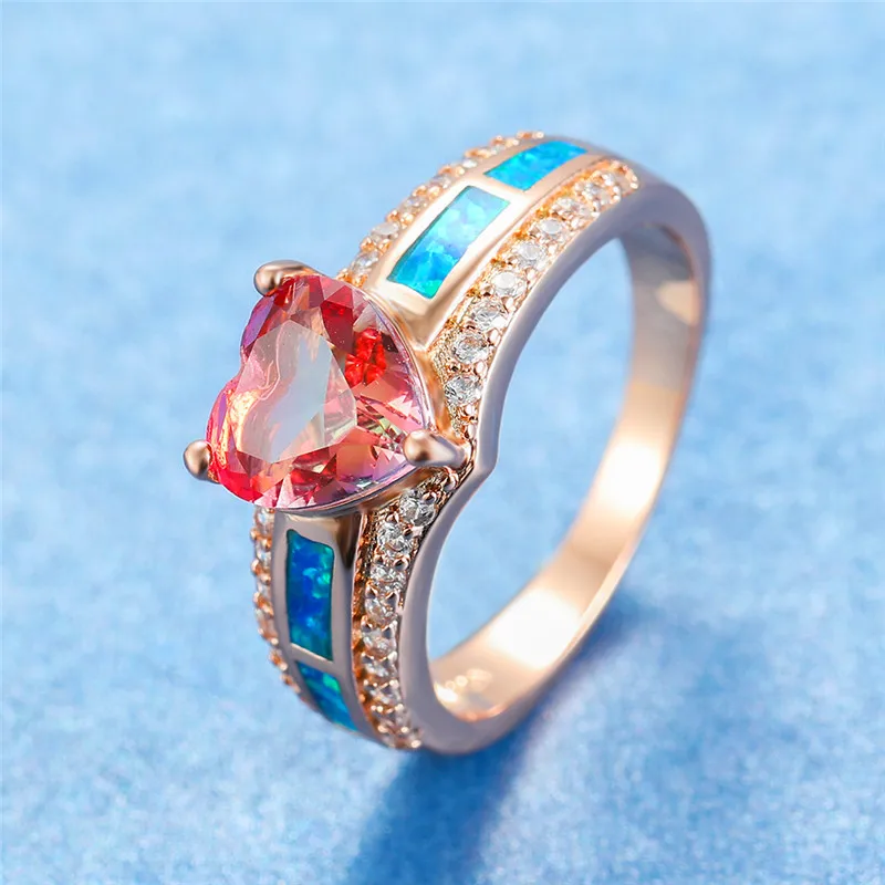 Rose Gold Red Blue Роскошный женский браслет с сердцем из опала кольцо с Циркон с радужным блеском модное розовое золото серебро вечерние кольца классические обручальные кольца для женщин - Цвет основного камня: Rose Gold Red Blue