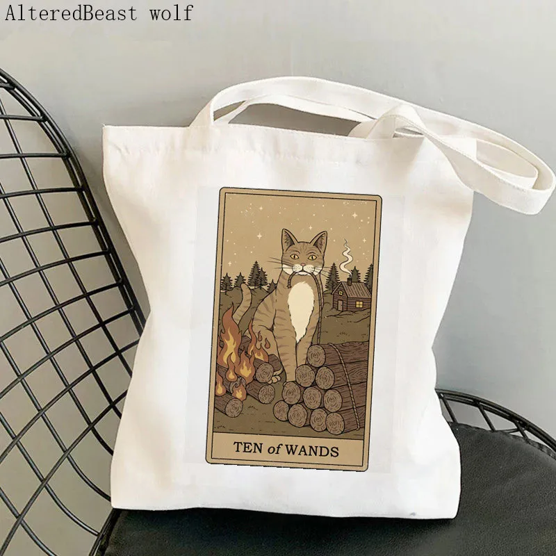 Women Shopper bag Six of Wands cat Tarot Kawaii Bag Harajuku Shopping Canvas Shopper Bag girl handbag Tote Shoulder Lady Bag
