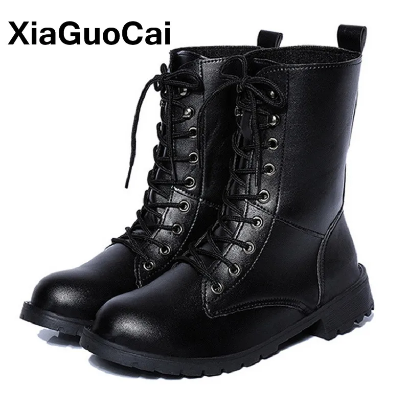Botas clásicas de motocicleta para mujer, Botines de cuero Pu suave con cordones, Zapatos altos de talla grande, otoño e invierno, 2019