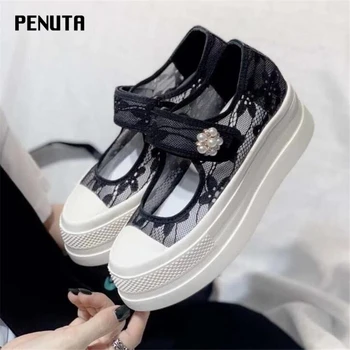 

2020 PENUTA Black Lace Dress Shoes Round Toe Flat Platform Shoes British Style Ladies Casual Princess Shoes Fashion Design FG01