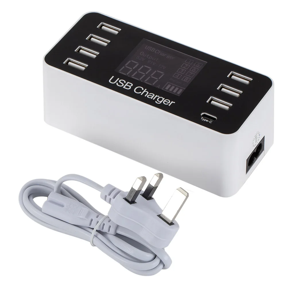 8 портов Smart USB зарядное устройство 8A 40 Вт Многофункциональный ЖК-дисплей 7 портов USB интерфейс 1 type-C порт концентратор AC100-240V AU UK EU US разъем