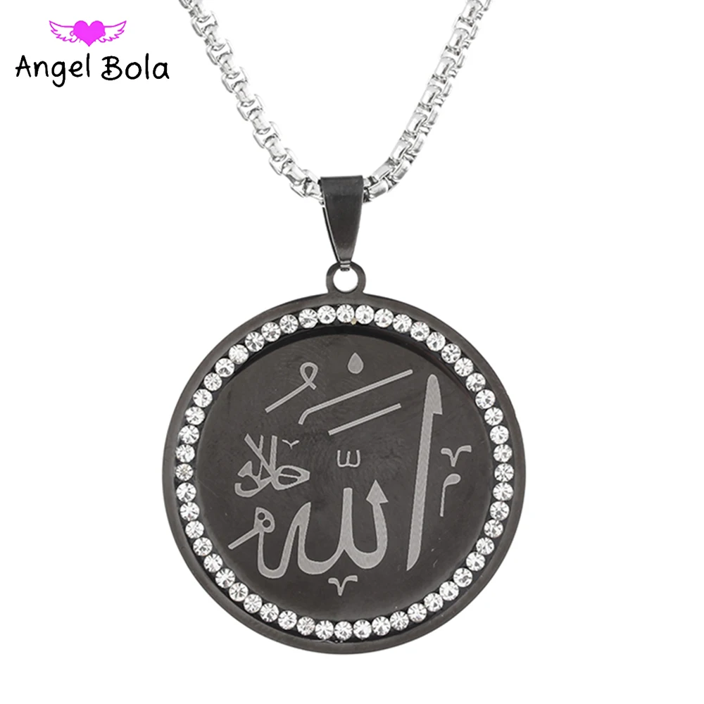 Muslim 100% Non-fading Fashion Stainless Steel Round Austrian Crystal Ladies Pendant Necklace Verse Coin Allah Necklaces | Украшения и