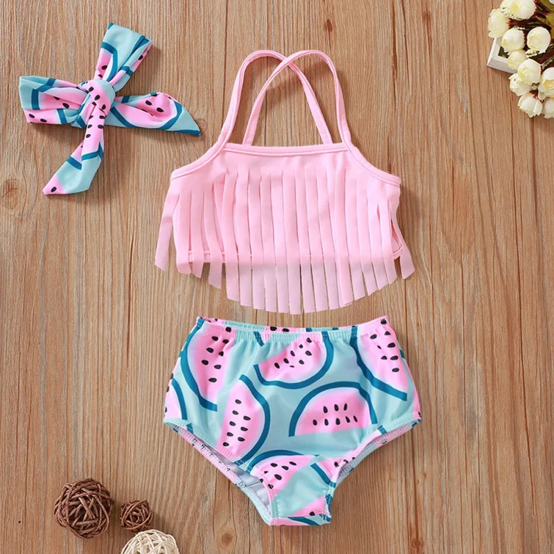 

Swimwear Baby Girls Three Piece Tassel Sling Swimsuit Watermelon Print Swimming Trunks Hair Band Bathing Suit Set
