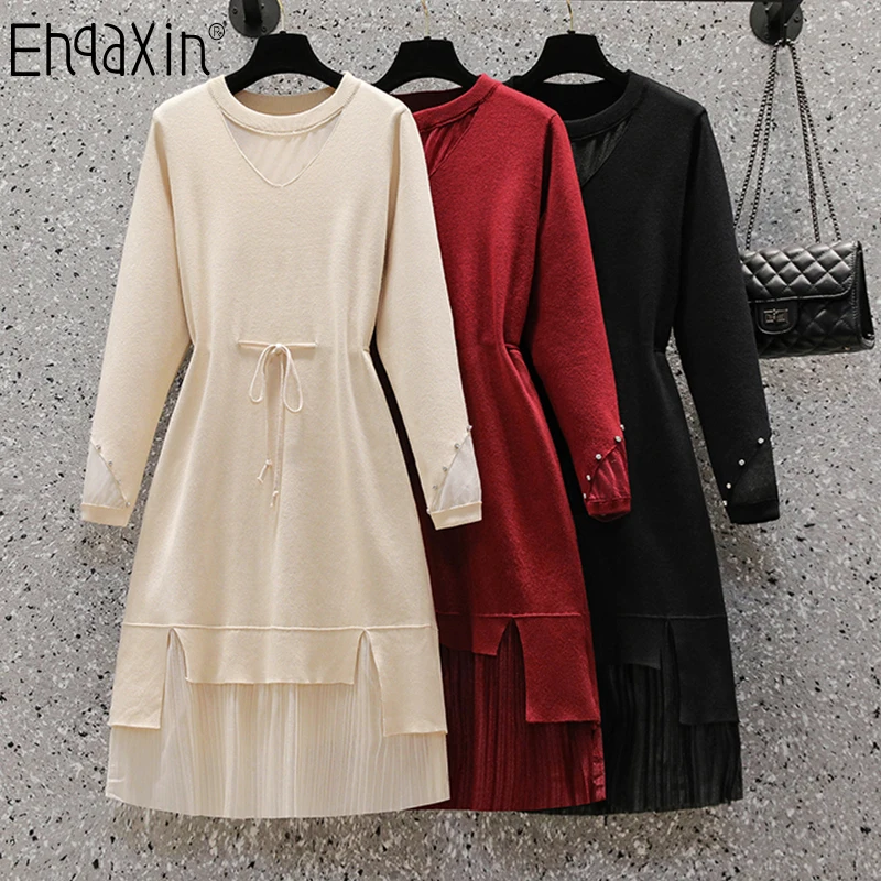 

EHQAXIN Women's Knitted Dress Winter Fashion Hollow New All-Match Bead Lace-Up Mesh Stitching Sweater Dresses M-4XL