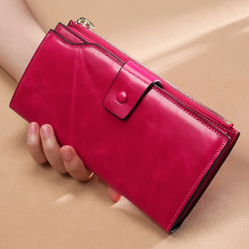 

Genuine Leather RFID Blocking Long Wallet for Women Lady Luxury Oil Wax Leather Coin Purse