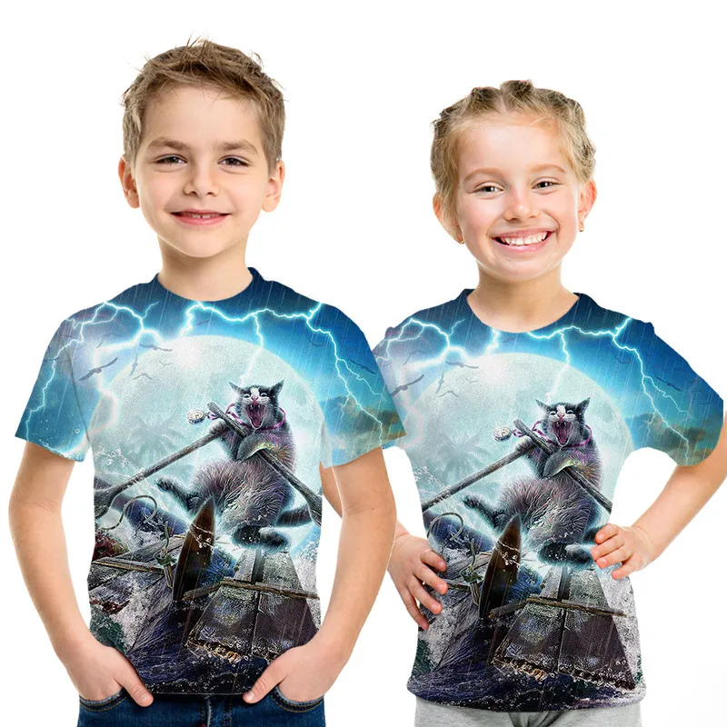 picture color Футболки для девочек и мальчиков, футболка с 3d принтом, Детская футболка с рисунком кота для девочек, летняя подростковая одежда для девочек 3, 4, 5, 6, 8, 10, 12, 13, 14 лет - Цвет: picture color