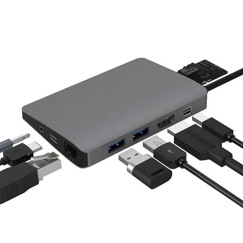 9 в 1 USB C 3,1 концентратор 4K видео HDMI гигабитный Ethernet адаптер с Мини DP 3,5 мм аудио Тип C PD зарядка двойной USB 3,0 концентратор