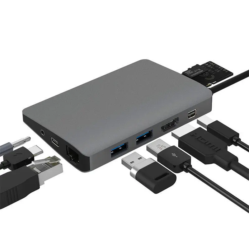 

9 in 1 USB C 3.1 HUB 4K Video HDMI Gigabit Ethernet Adapter With Mini DP 3.5mm Audio Type C PD Charging Dual USB 3.0 HUB