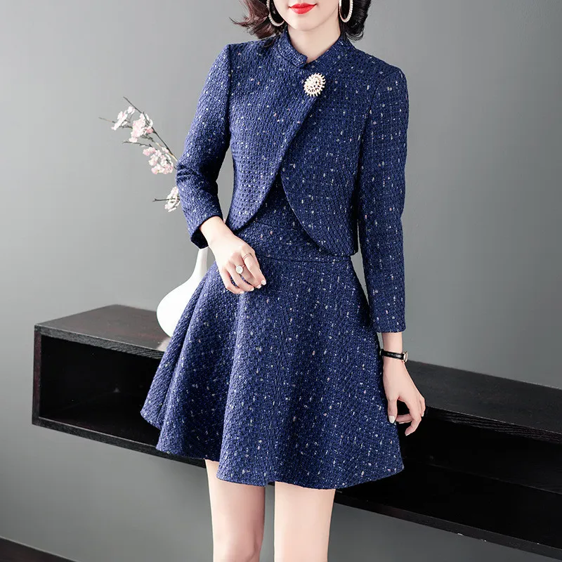 High Quality Runway Fashion Fall Winter Dress Woman Clothes New Elegant Short Tweed Woolen Jacket+Tank Dress 2piece Sets - Цвет: Синий