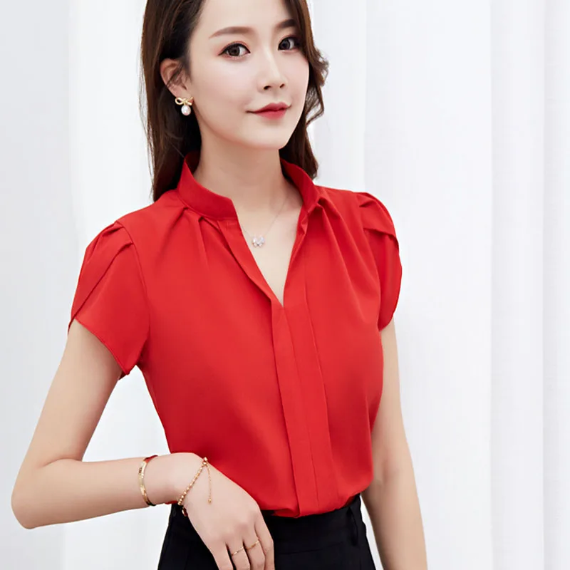 Women Spring Summer Style Chiffon Blouses Shirts Lady Office Work Wear OL Short Sleeve V-Neck Blusas Tops DF3002