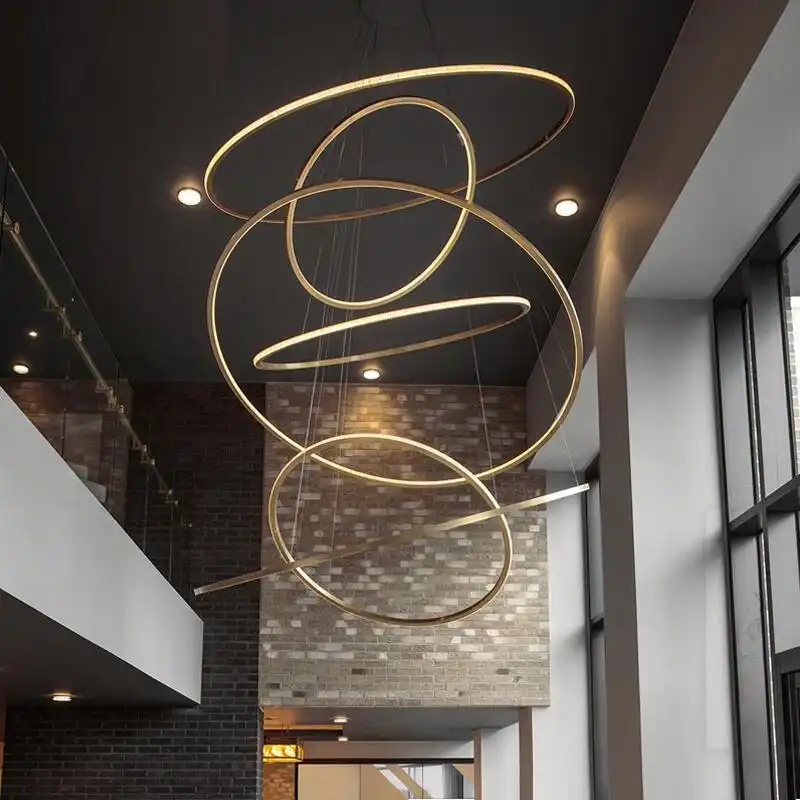 Golden Luxury Dining Room Lamp Duplex Villa Staircase Large Chandelier Circular Ring Shaped High Living Room Lamps Aliexpress