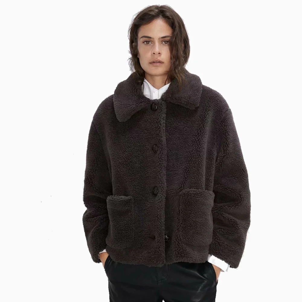 

ZA Lapel Long-sleeved Cashmere Coat Jacket Front with Patch Pockets Contrast Color Stitching Closure with Short Skirt Trousers