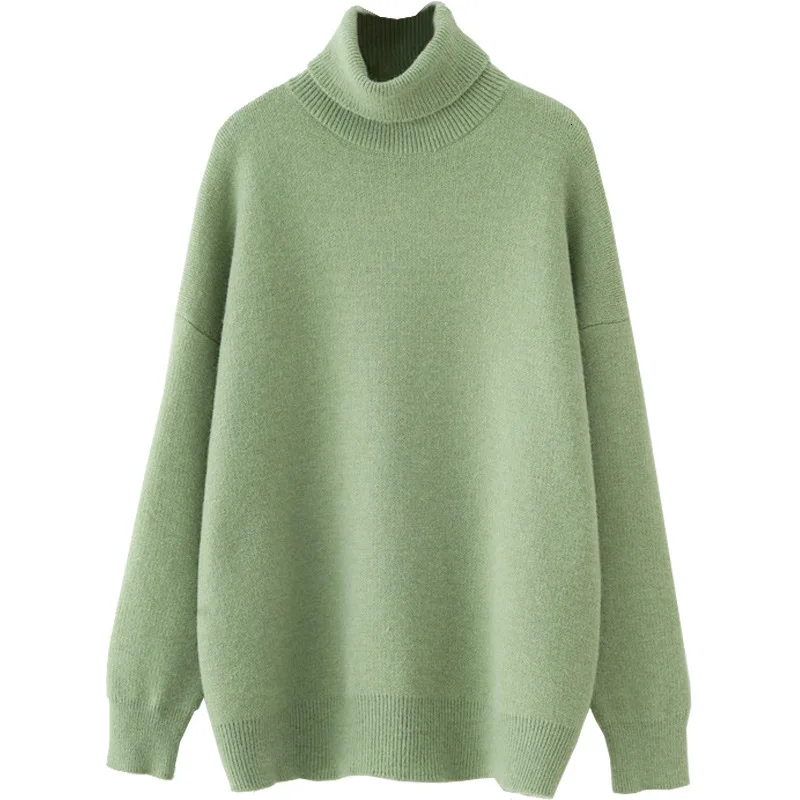 PEONFLY зимний свободный негабаритный свитер с высоким воротом женский теплый вязаный пуловер с длинными рукавами джемпер женский зеленый свитер женский - Цвет: Green