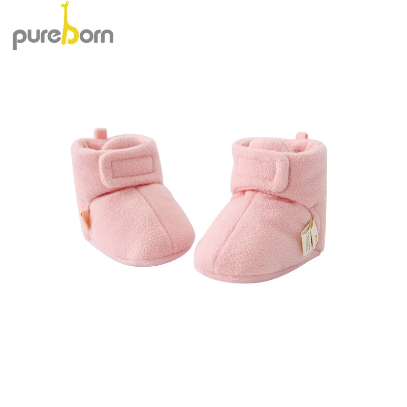 Pureborn/Обувь для новорожденных; Hookloop; мягкая подошва; обувь для маленьких девочек; Флисовые Тапочки для маленьких мальчиков; однотонные зимние Первые ходунки - Цвет: Pink