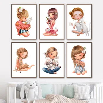 

Cartoon Girl Deer Cat Rabbit Swan Nursery Wall Art Canvas Painting Nordic Posters And Prints Wall Pictures Baby Kids Room Decor