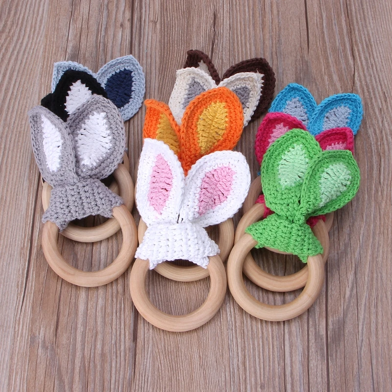 Baby Girl Boy Teething Ring Chewable Teether Wooden Natural Bunny Rattle Toy