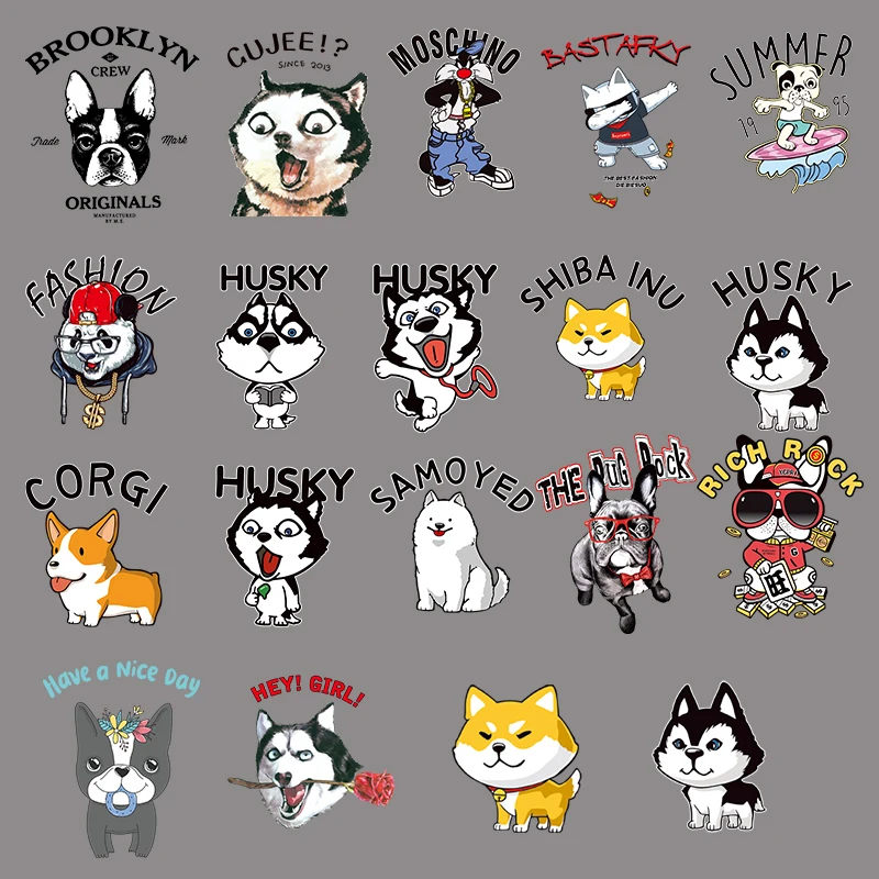 

Cartoon husky bulldog corgi Heat transfer Iron On clothing stripe printing thermal transfer for T-shirt sweater decoration