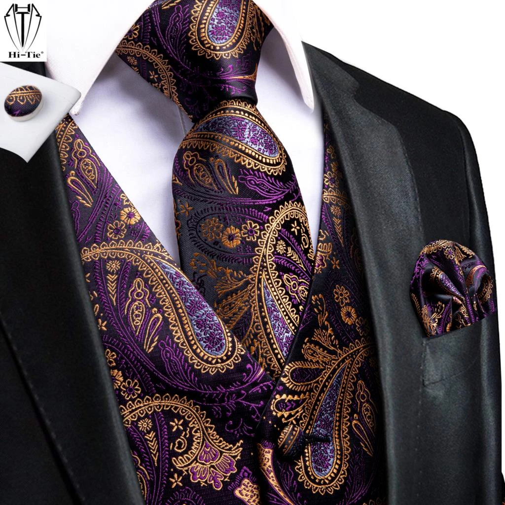 black blazer for men Hi-Tie 100% Silk Purple Gold Paisley Mens Vests With Neck Tie Hankerchief Cufflinks Set Jacquard Waistcoat for Wedding Business áo khoác blazer