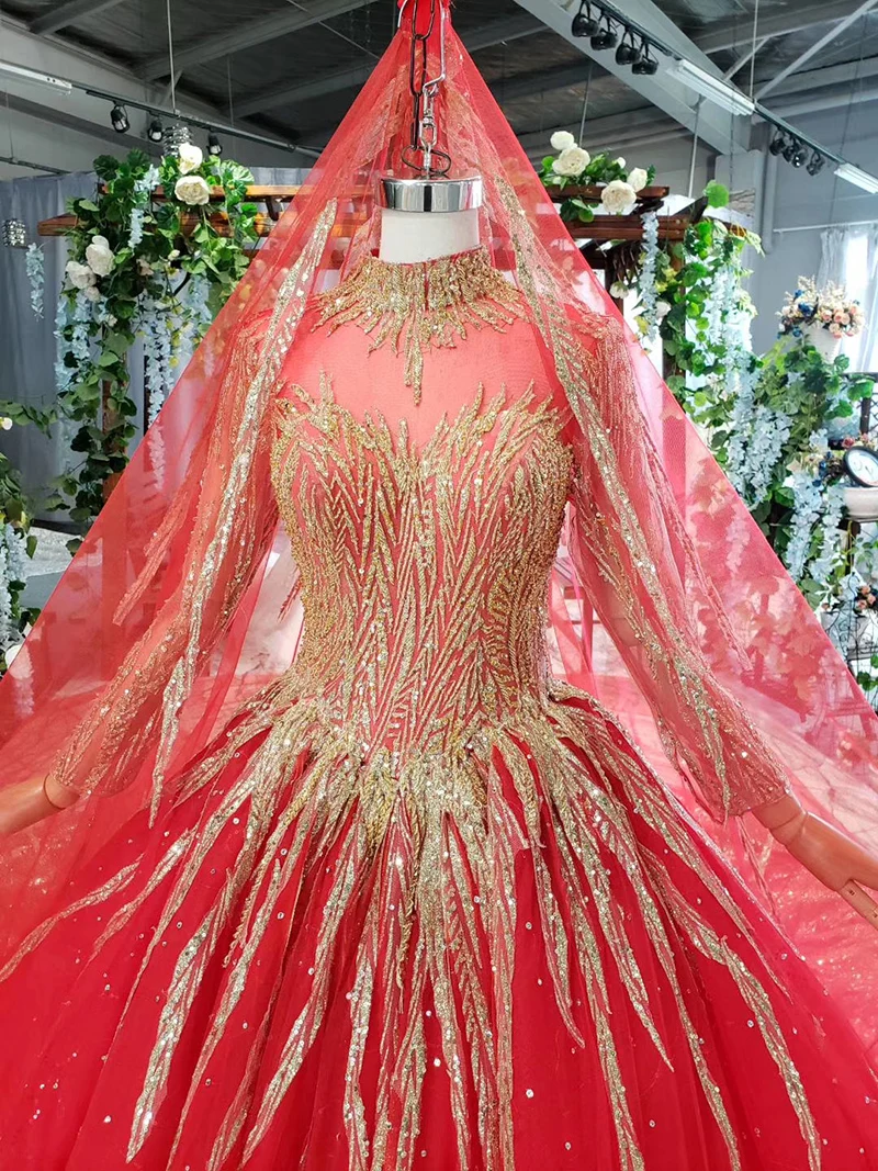 HTL795 свадебное платье мусульманское с вуалью для невесты бисером узор с высоким воротом с длинными рукавами Золотое кружевное свадебное платье красное vestido novia