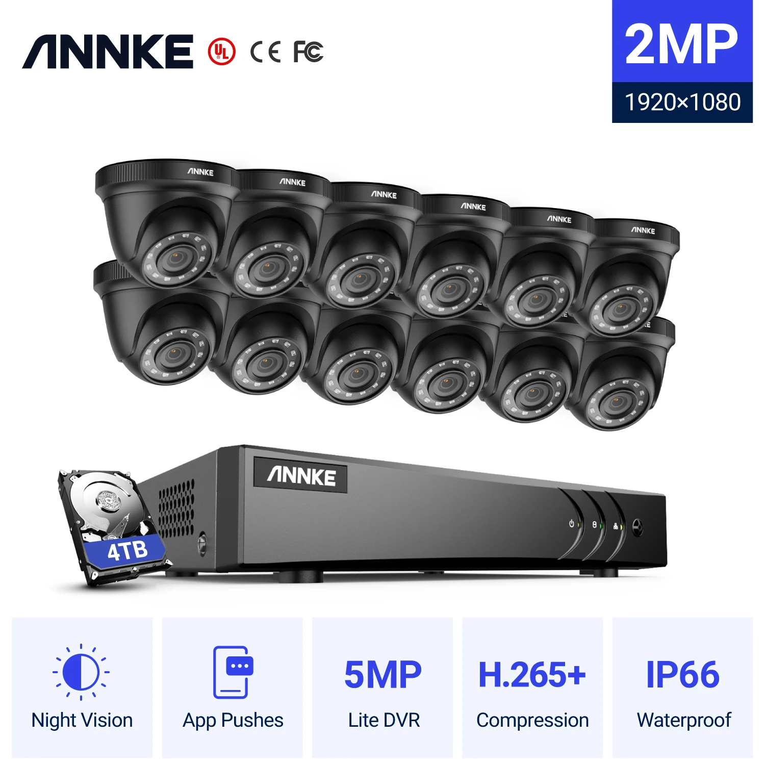 

ANNKE 1080P CCTV Camera DVR System 12X Waterproof 2.0MP HD-TVI Black Dome Cameras Home Video Surveillance Kit Motion Detection