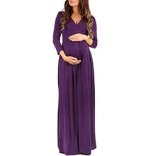 Fashion Women’s maternity dresses Polyester Wraped Ruched Pregnant Solid 3/4 Sleeve V Neck Long Loose Dress Free shipping H4