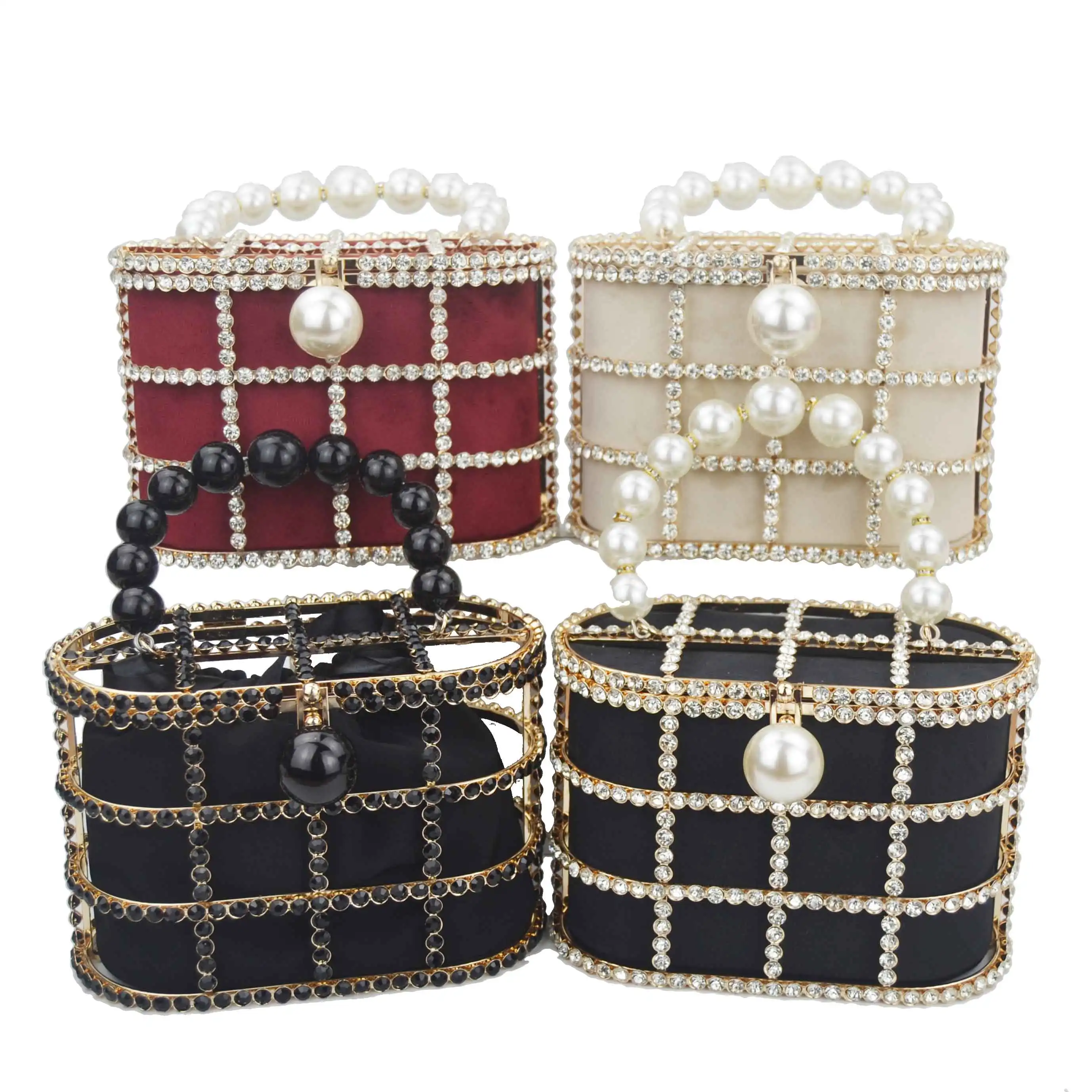 Luxury Box Lock Wine Flannel Women Handbags Beige Pearl Crystal Shoulder Bags Ladies Purse Chain Messenger Bag | Багаж и сумки