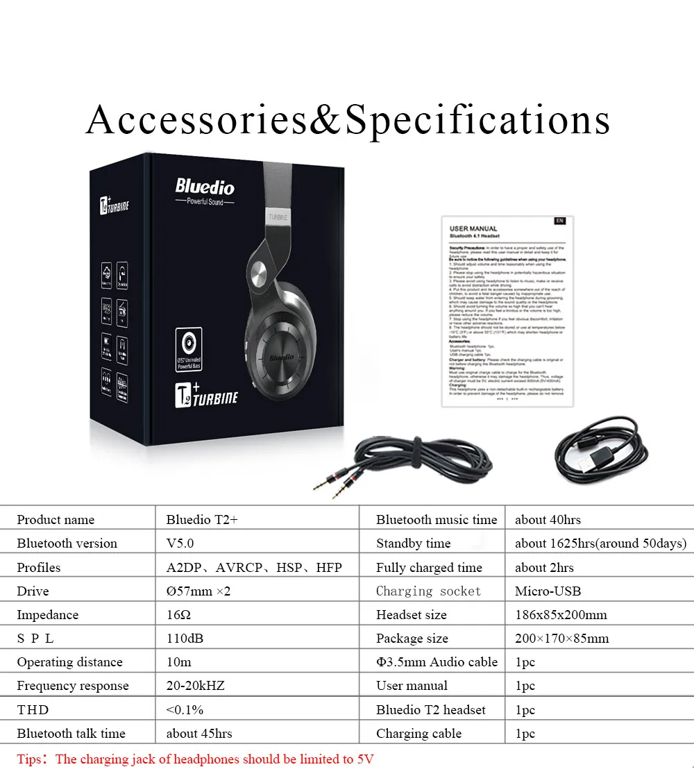 Black Retail Box Bluedio T2 plus Bluetooth 5,0 наушники с fm-радио sd-картой aux кабель - Цвет: Black Retail Box