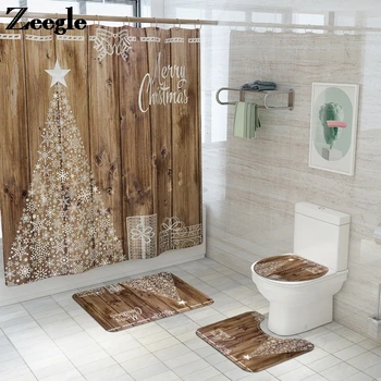 

Christmas Style Bathroom Carpet Flannel Absorbent Non-slip Bath Mat Set With Shower Curtain Toilet Foot Mat Bath Carpet