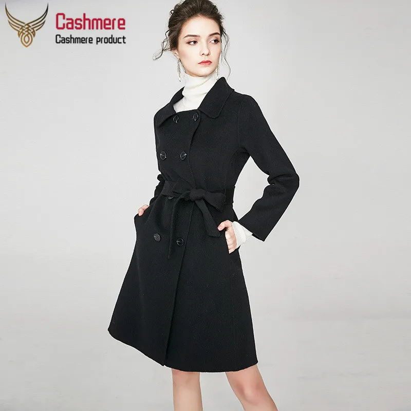 

2019 Autumn and winter New double-sided cashmere coat female slim slim long double-faced wool cashmere coat black jacket female